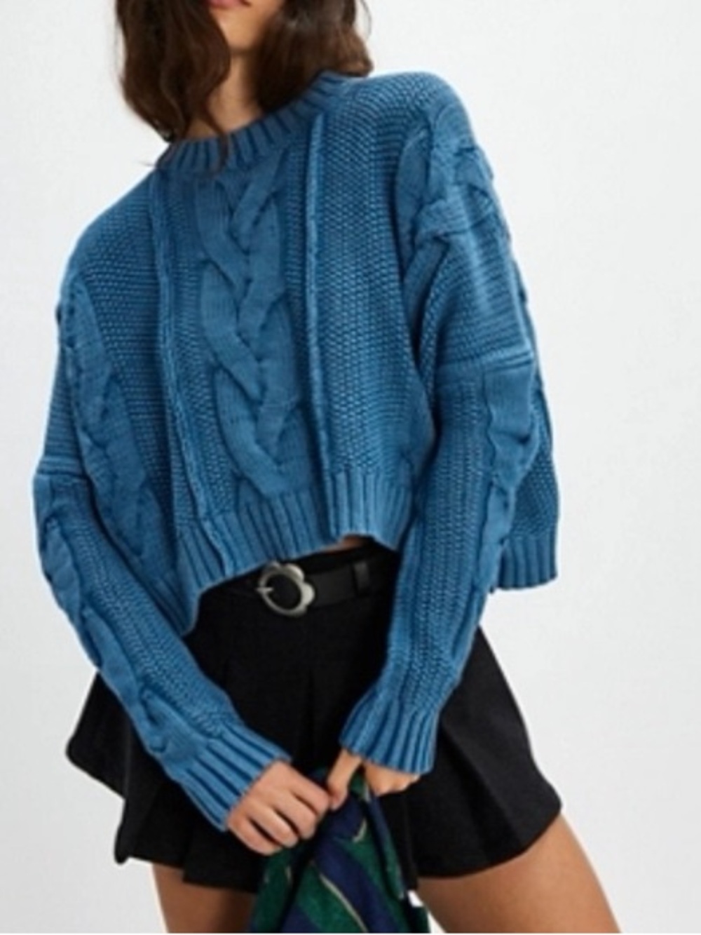 Free People We the free in a daze Blue Cable-Knit Cropped Sweater - Women- NWT-L